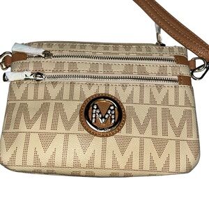 Beige Brown M print wristlet too Crossbody Bag
